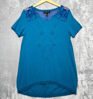 Gretty Zueger Top Womens Small Blue Embroidered Mesh Short Sleeve V Neck Cotton